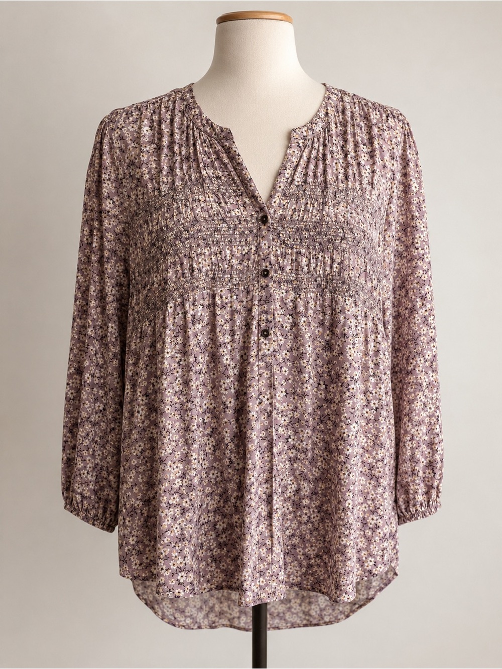 Knox Rose XL Floral Boho Tunic Top Mauve Rayon Smocked Front 3/4 Sleeve